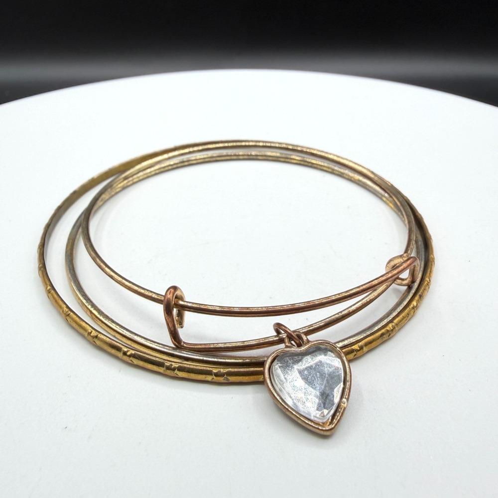 Mixed Metal Bangle Bracelet Set Clear Faceted Heart Charm Stackable Jewelry